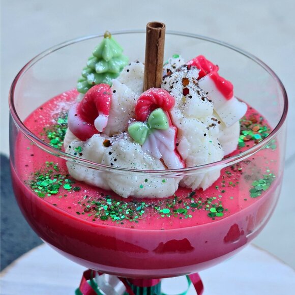 Holiday Candle ✦ Mistletoe & Cinnamon ✦ Soy Wax in XL Wine Glass w/ Green Stem - Picture 2 of 11